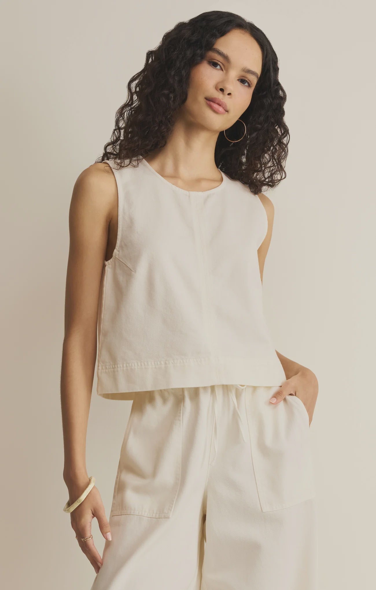 zsupply, cream tank top women, women's sleeveless top, neutral tank top women, lightweight summer top, cream sleeveless blouse, casual women's tank top, twill tank top women, summer tops for women, women's vacation outfits, minimalist fashion women, cream summer clothing