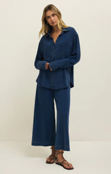 indigo jersey shirt, comfortable denim top, versatile denim button up