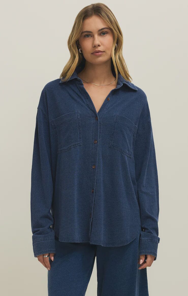 z supply, jersey denim button up, indigo denim shirt women