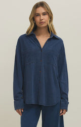 z supply, jersey denim button up, indigo denim shirt women