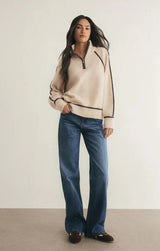 cozy neutral pullover, relaxed half zip knitwear,