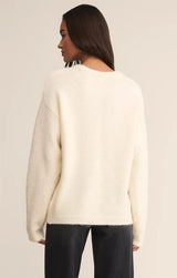 soft cozy pullover, casual white knit, snowed in sweater