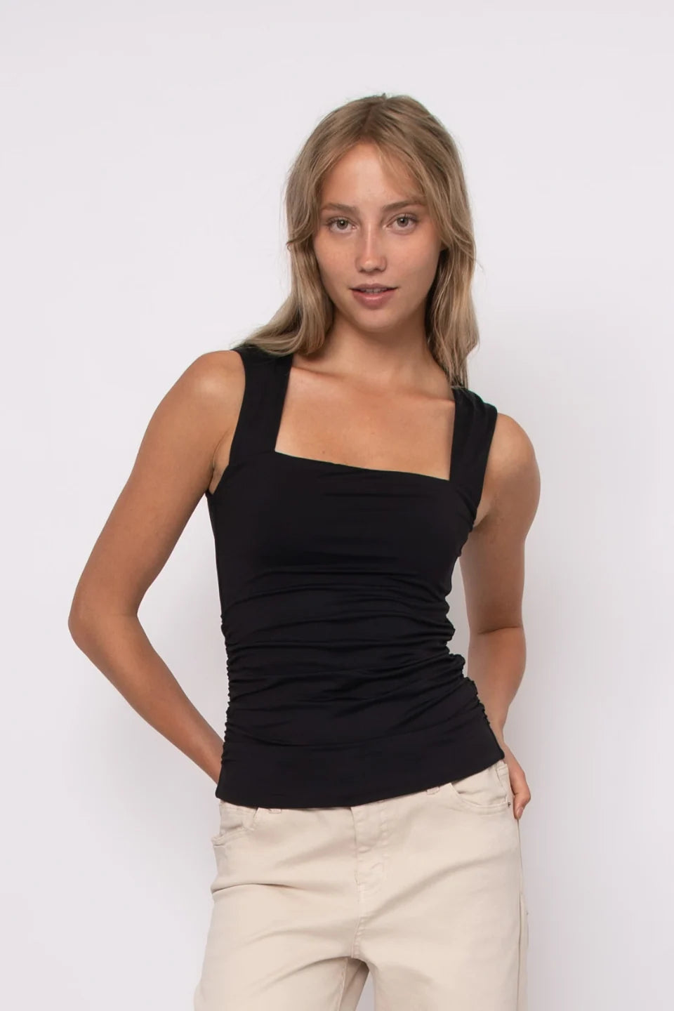 SELENE SQUARE NECK RUCHED TANK- BLACK