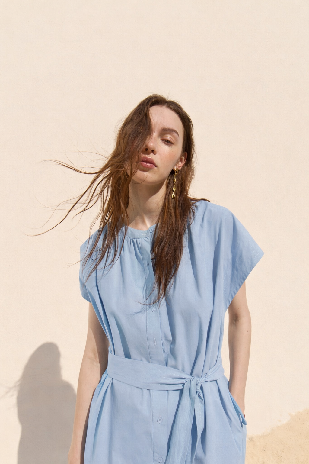 classic blue button dress, women elegant summer dress blue, soft blue midi dress outfit, light blue casual chic dress, women breathable summer dress, blue brunch dress women, polished blue midi dress, light blue capsule wardrobe dress, women belted shirt dress blue