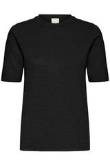 short sleeve knit tee, black wardrobe staple top, minimalist black top women