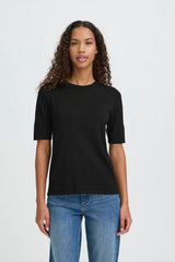 ichi, black knit short sleeve top, women black knit top, everyday black shirt women