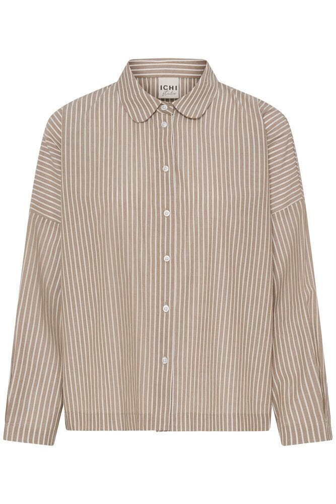 sepia buttondown women, brown striped buttondown shirt, rounded collar shirt women