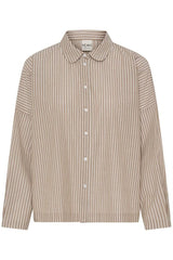 sepia buttondown women, brown striped buttondown shirt, rounded collar shirt women