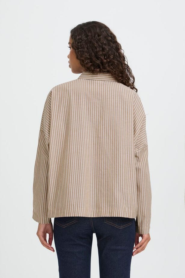 timeless striped shirt women, casual brown buttondown, versatile women shirt