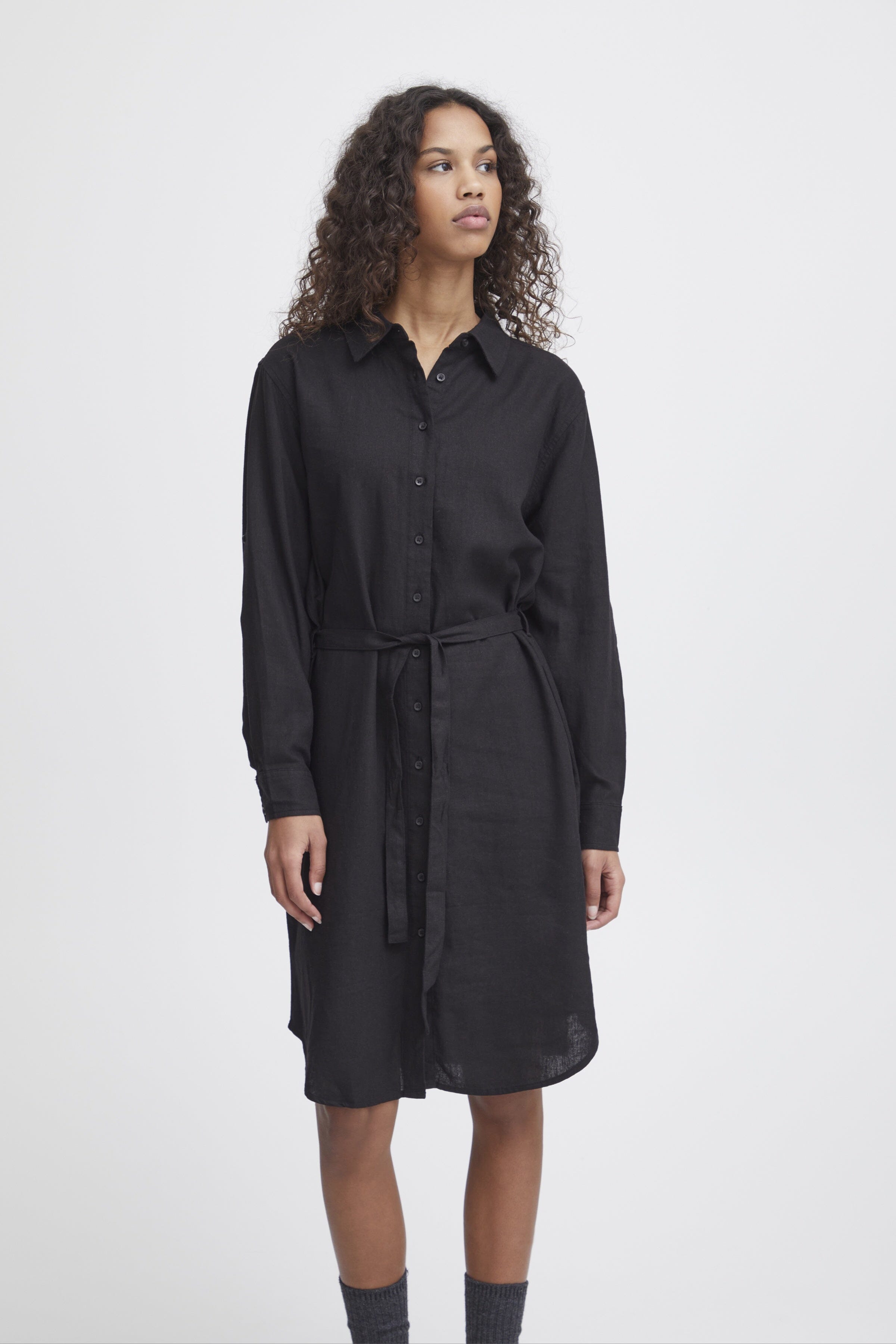 BUTTON DOWN BLACK LINEN DRESS Dress ICHI 