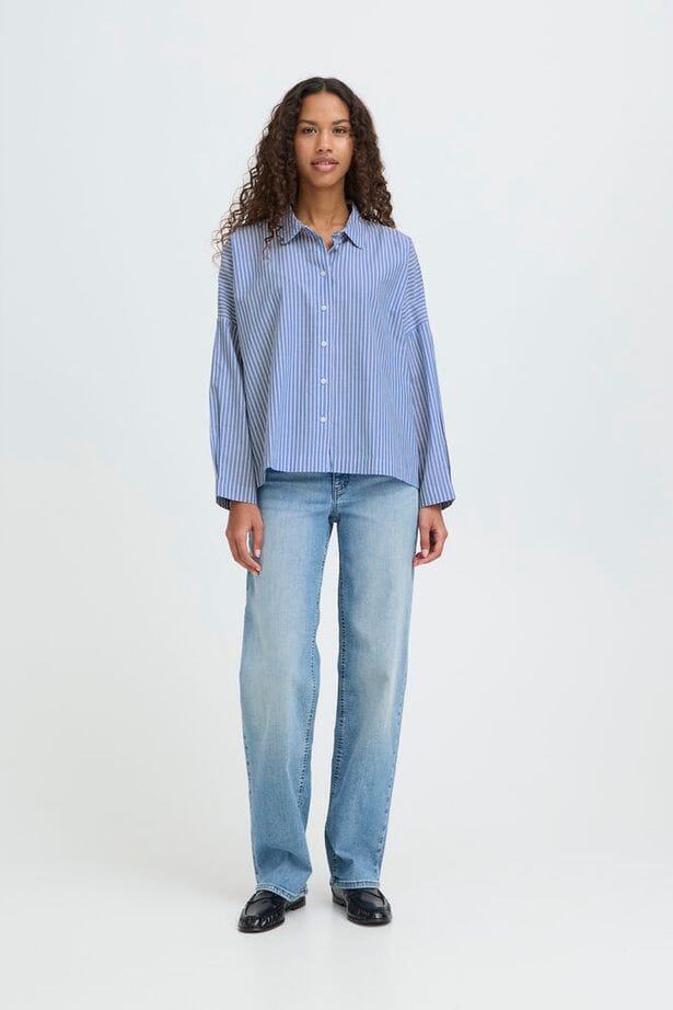 ayering shirt women, timeless blue stripe shirt, versatile buttondown women, soft collar shirt women