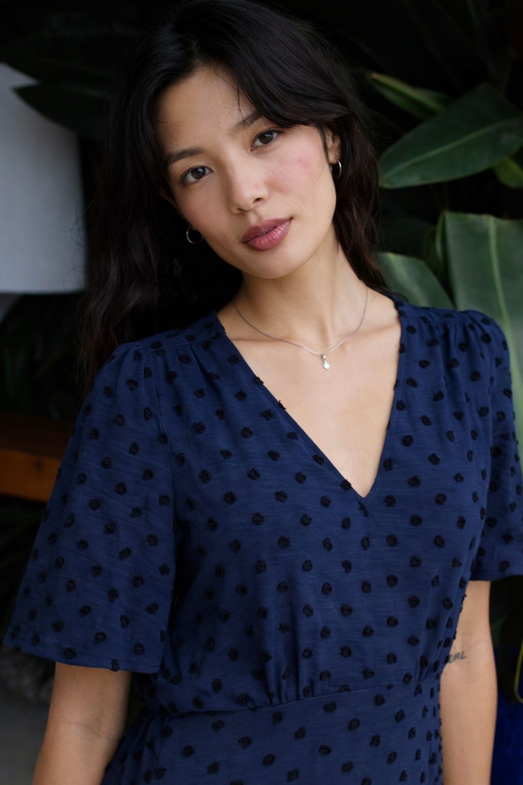 NAVY V NECK POLKA DOT MIDI DRESS