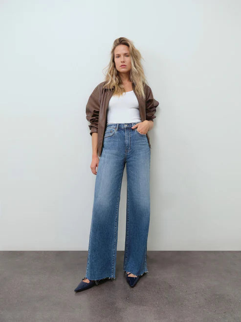 structured blue denim, minimal wardrobe jeans, timeless denim style, full length jeans with heels, elevated basics denim women, must have blue jeans