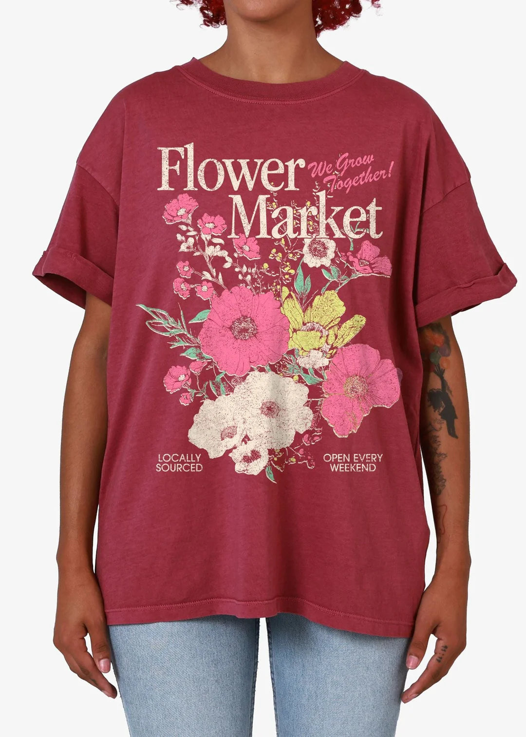 flower market graphic tee, red graphic t shirt women, floral print oversized tee, vintage style graphic t shirt, casual relaxed fit tee women