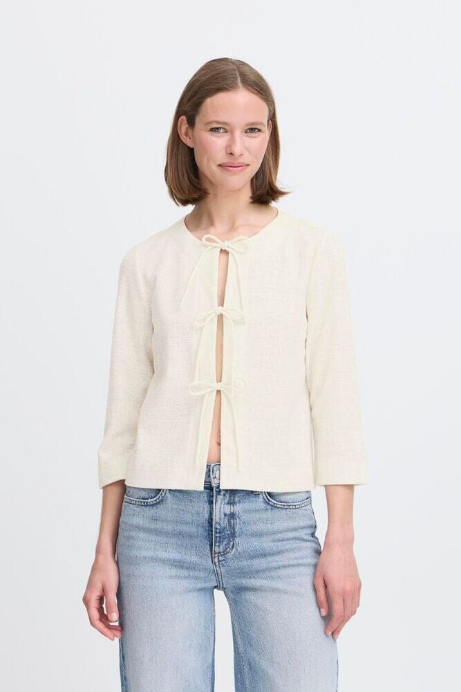 TIE FRONT SUMMER CARDIGAN, B YOUNG, tie front cardigan, lightweight summer layer, cream tie top 