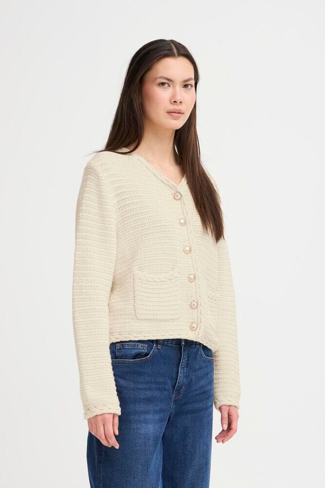 BRAIDED CARDIGAN, cream button up sweater, ICHI 