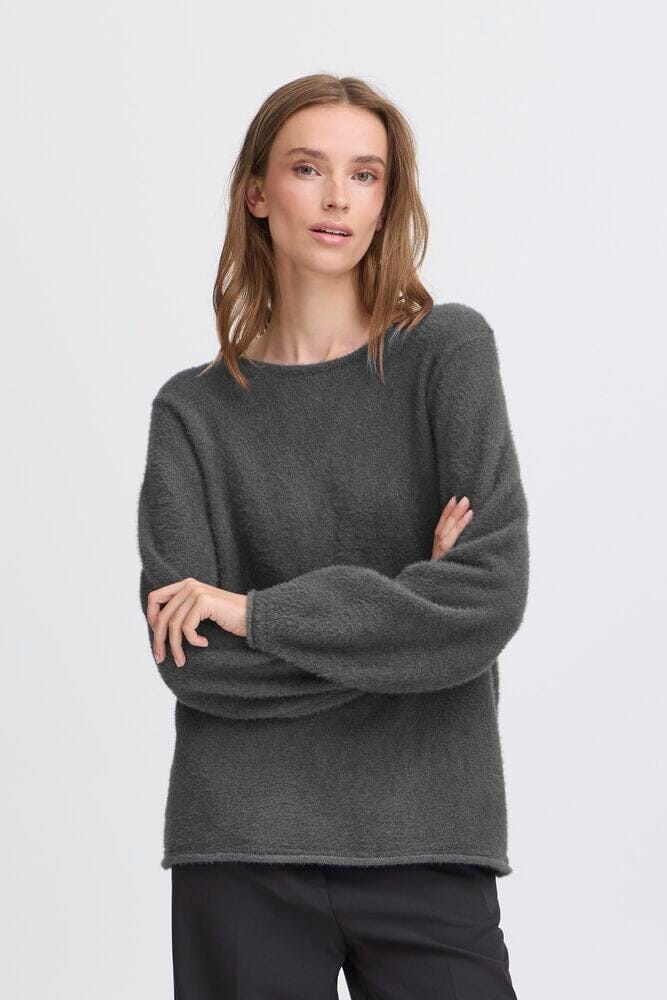 FUZZY GREY BUTTON BACK Sweater, ICHI 