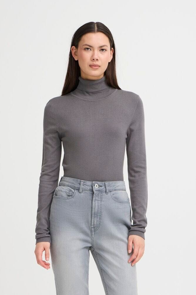 MAFA GREY ROLLOVER Top, grey turtleneck, ICHI, Women’s fitted grey turtleneck sweater