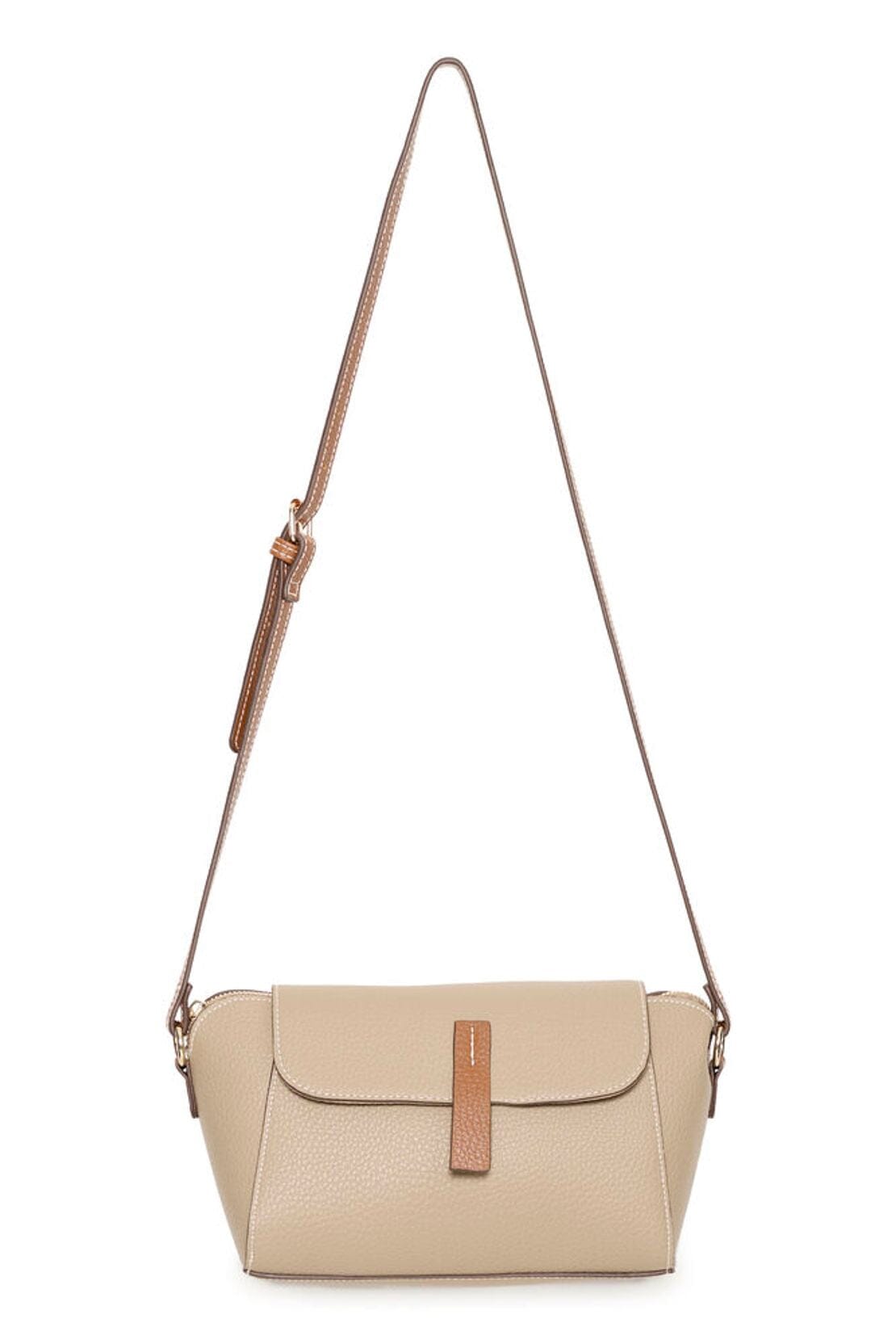 TAUPE PURSE, ICHI, Neutral taupe handbag with structured design and gold accent detail