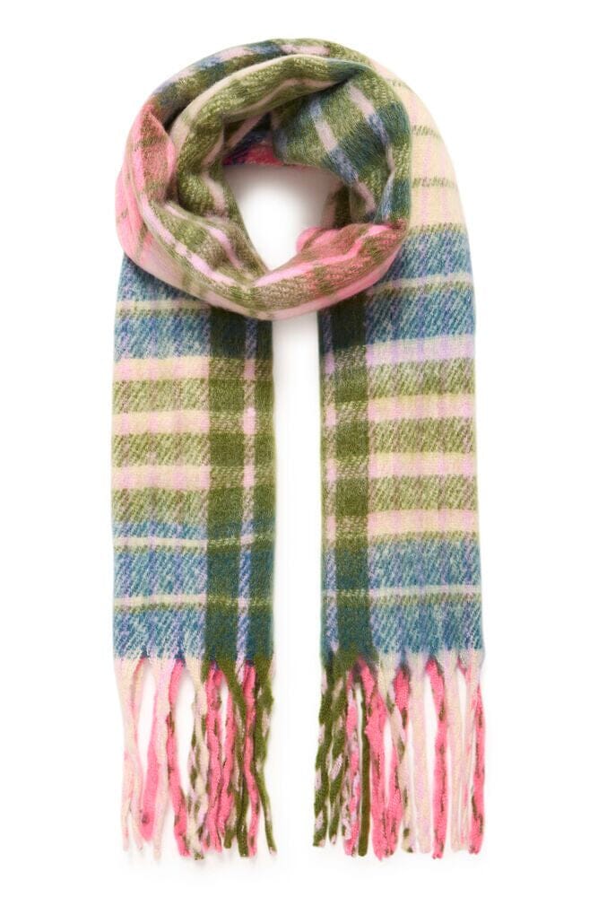 LAYLA SCARF, ICHI Accessories , colorful plaid scarf women, fringe winter scarf, pink and green check scarf