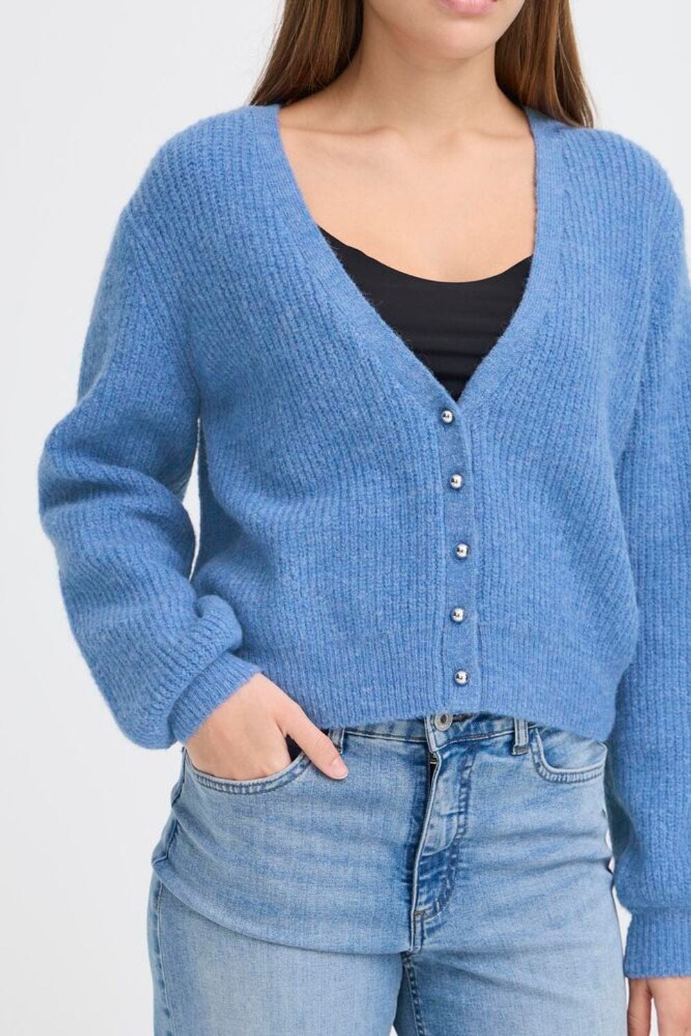 MARIN BLUE CROP CARDIGAN, ICHI 