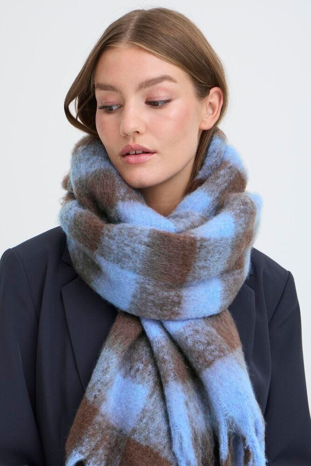 COFFEE CHECK SCARF, ICHI, oversized checkered scarf, blue and brown winter scarf, cozy check print scarf