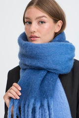 YONDER BLUE SCARF, ICHI, oversized winter scarf blue, soft cozy blue scarf, statement blue fringe scarf