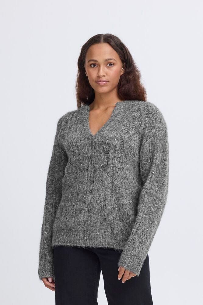 BELLA GREY KNIT SWEATER Sweater, V neck sweater, knit sweater, ICHI 