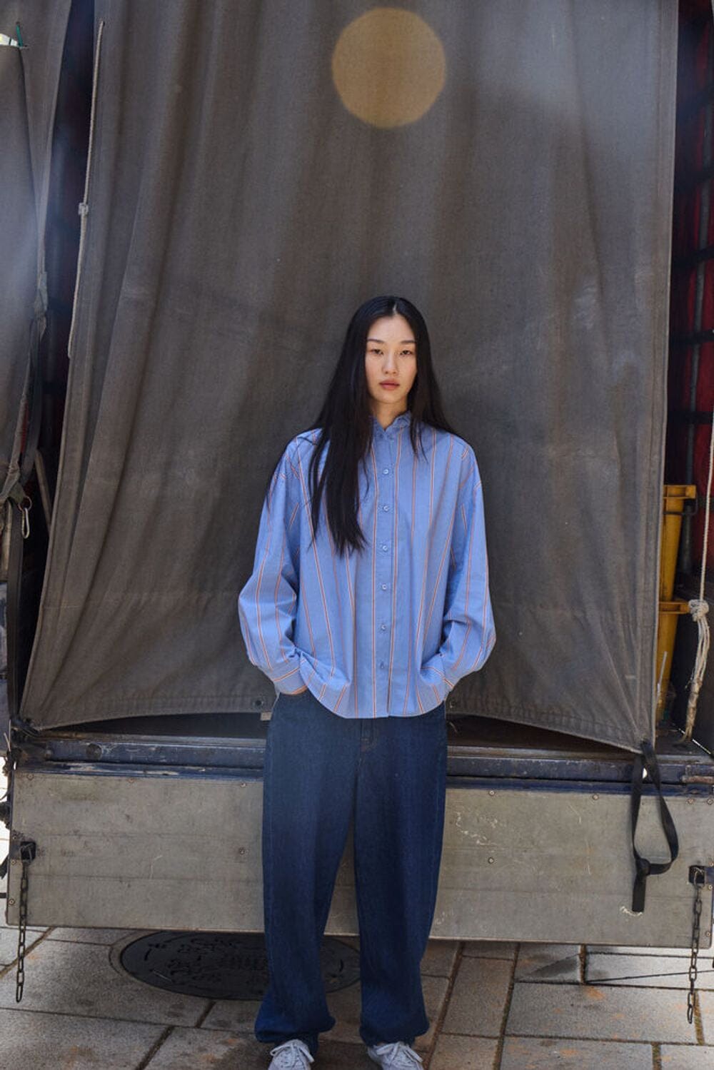 YONDER BLUE STRIPE BUTTON DOWN , blue button down, ICHI 