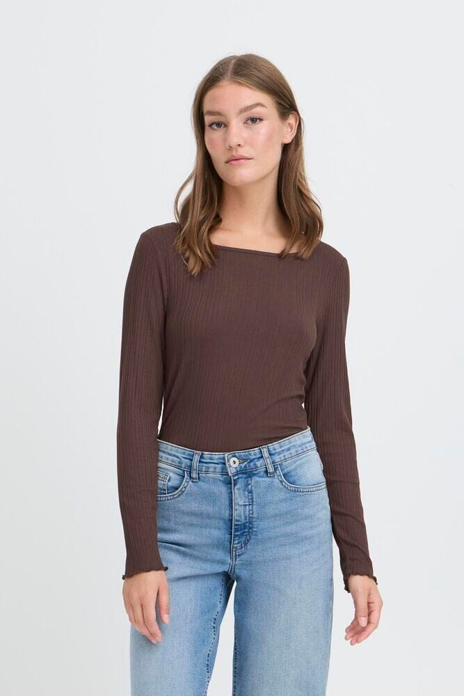 REFINED SQUARE NECK TOP, brown long sleeve top, ICHI 