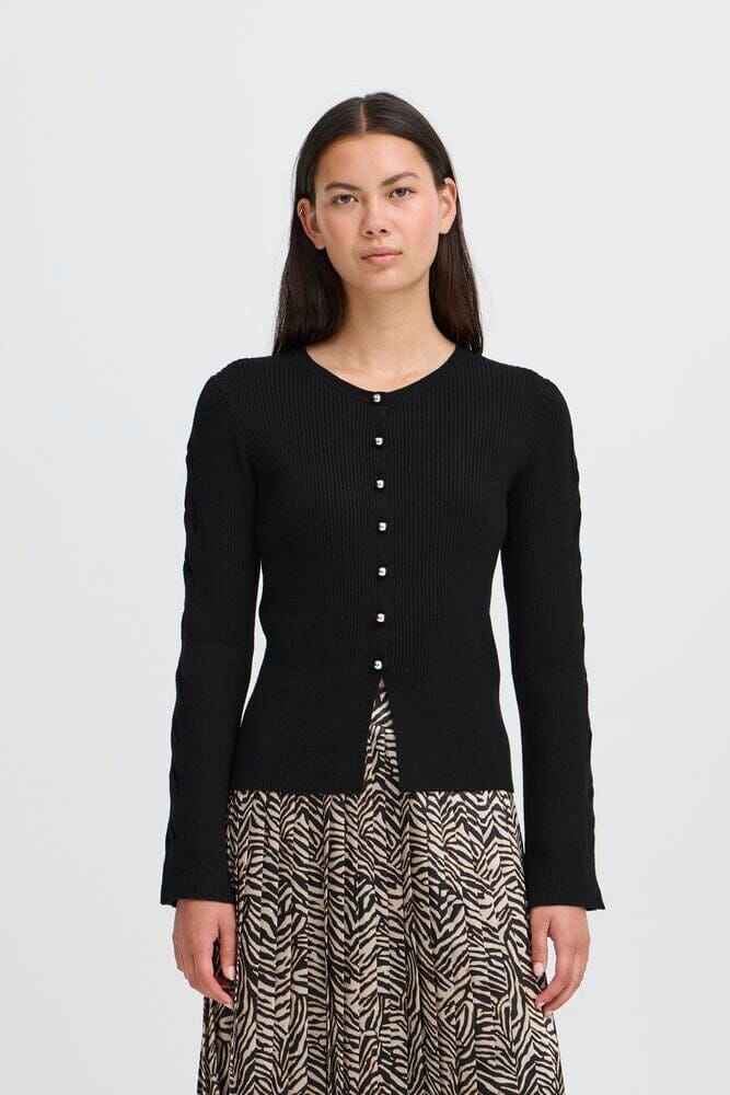 SCULPTED RIB KNIT CARDIGAN Cardigan, BLACK CARDIGAN ,ICHI 