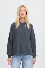 STORMY GREY KNIT SWEATER, B YOUNG, grey ribbed knit sweater