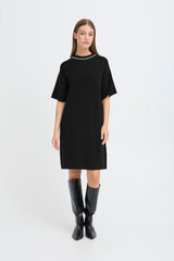 BLACK KNIT DRESS WITH RHINESTONE COLLAR, ICHI, black embellished collar dress