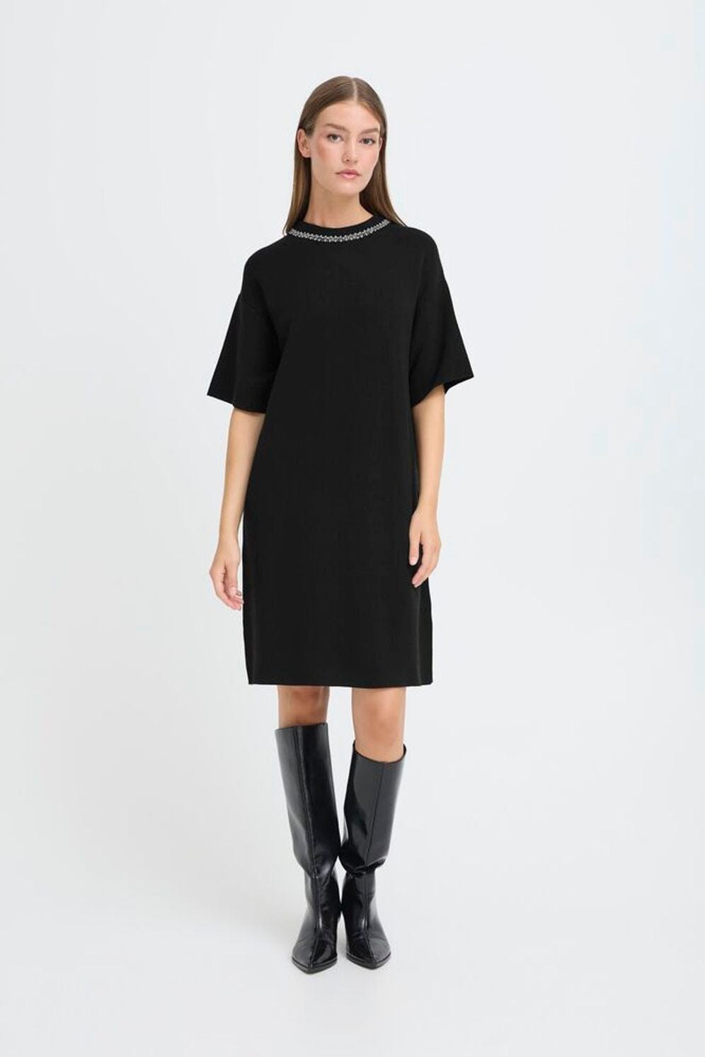 BLACK KNIT DRESS WITH RHINESTONE COLLAR, ICHI, black embellished collar dress