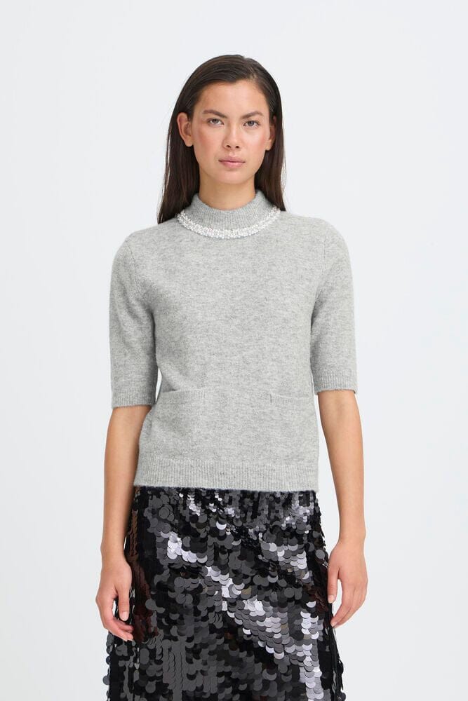 PEARL COLLAR GREY SWEATER, ICHI, grey sweater with pearl collar, embellished neckline knit top