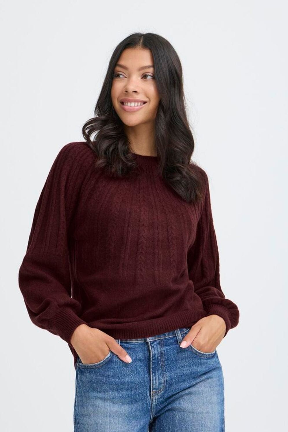 MAGGE WINE KNIT PULLOVER, B YOUNG, wine knit sweater womens, burgundy balloon sleeve sweater