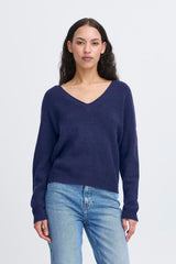 NAVY VNECK SWEATER, ICHI 
