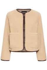 BOUCLE JACKET WITH LEATHER TRIM, Beige Jacket, B YOUNG, boucle jacket womens, cream sherpa jacket