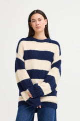 FUZZY BLUE STRIPE SWEATER, ICHI, blue stripe fuzzy sweater