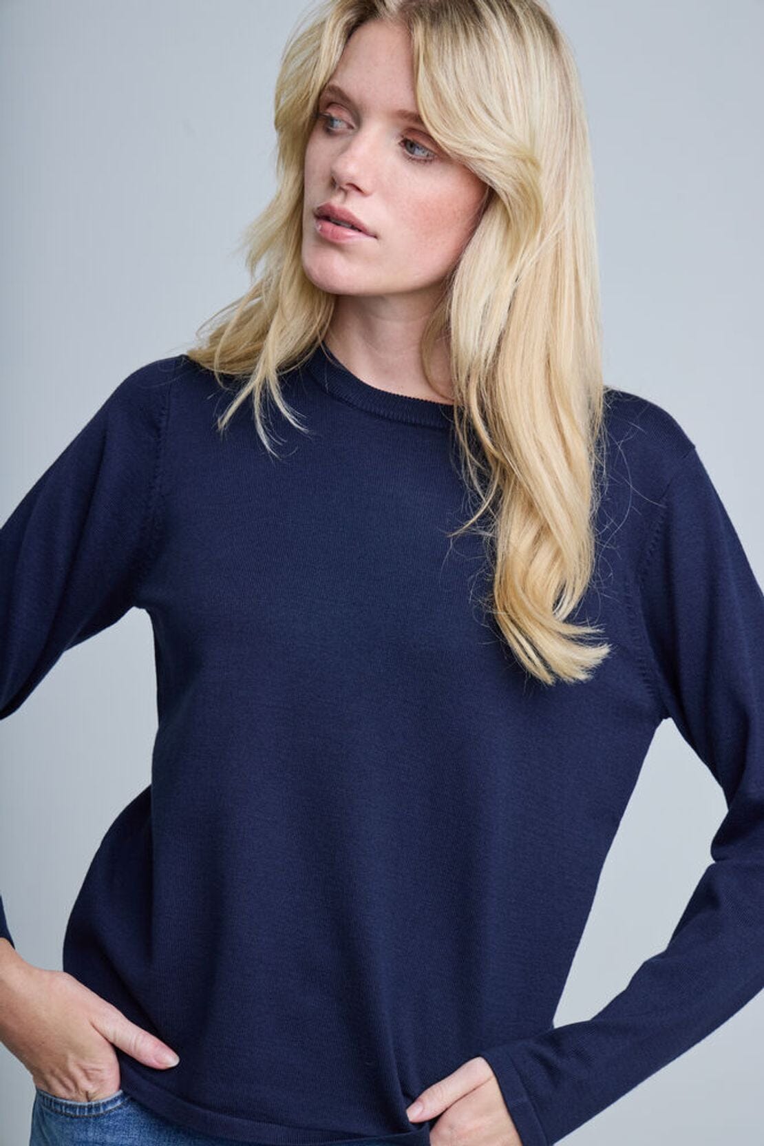 deep navy knitwear, lightweight navy layering top