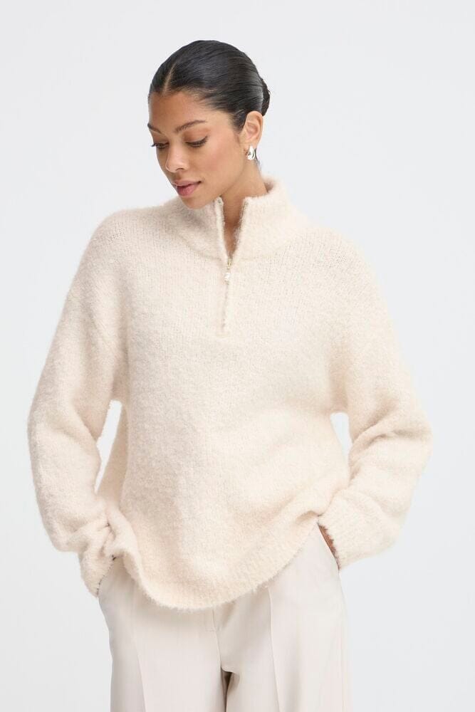 BIRCH HALF ZIP SWEATER, B YOUNG,  cream half zip sweater, cozy textured pullover