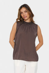 SLEEVELESS SATIN BLOUSE, Saint tropez, sleeveless satin blouse, brown satin blouse women
