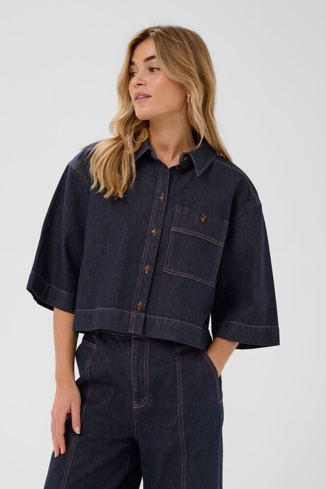 dark blue denim shirt, women denim shirt dark wash