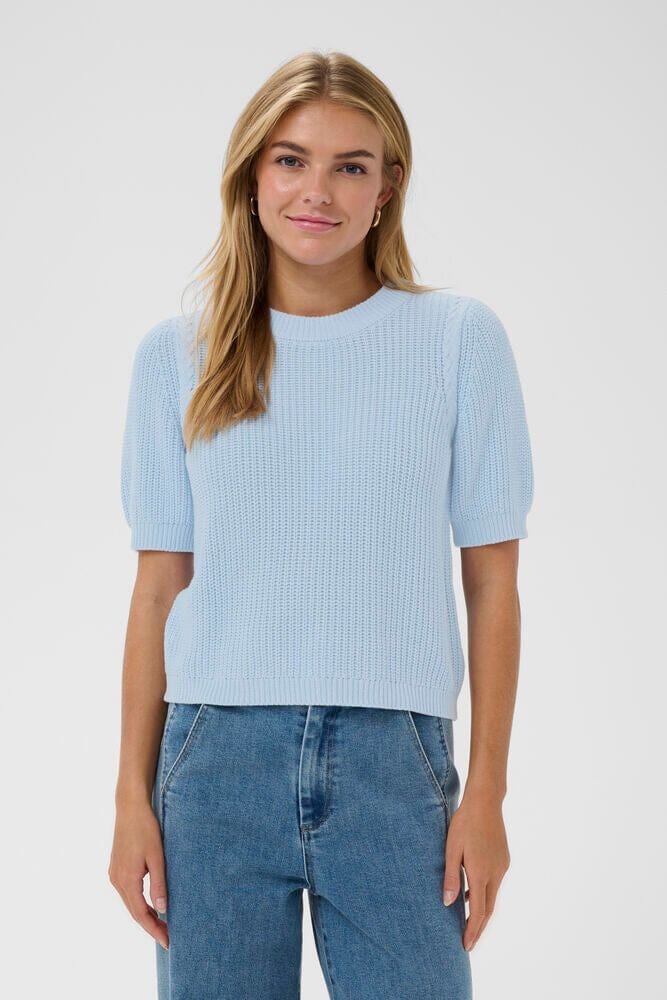 SKYWAY SHORT SLEEVE KNIT Sweater, saint tropez, light blue short sleeve knit, sky blue knit top women