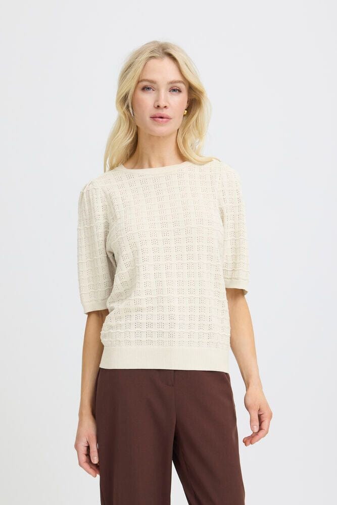 cream summer knit top women, breathable knit blouse women, cream textured sweater top