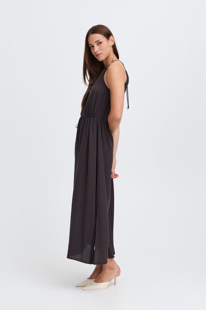 women's black spaghetti strap dress, versatile black slip dress women, everyday black midi dress