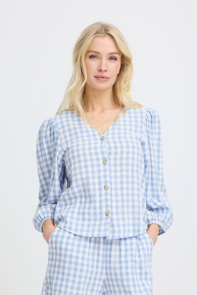 blue gingham blouse women, gingham puff sleeve blouse, blue check blouse women, women's gingham top, puff sleeve gingham shirt women