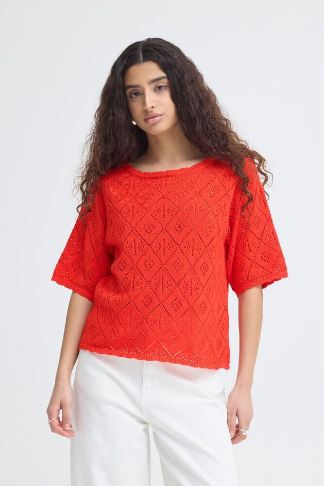 red knit top women, open knit red sweater, short sleeve knit top red, lightweight knit top women