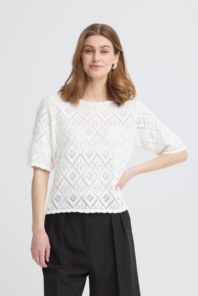 ICHI, cream knit top women, open knit sweater top, short sleeve knit top, lightweight knit top women, cream summer knit top