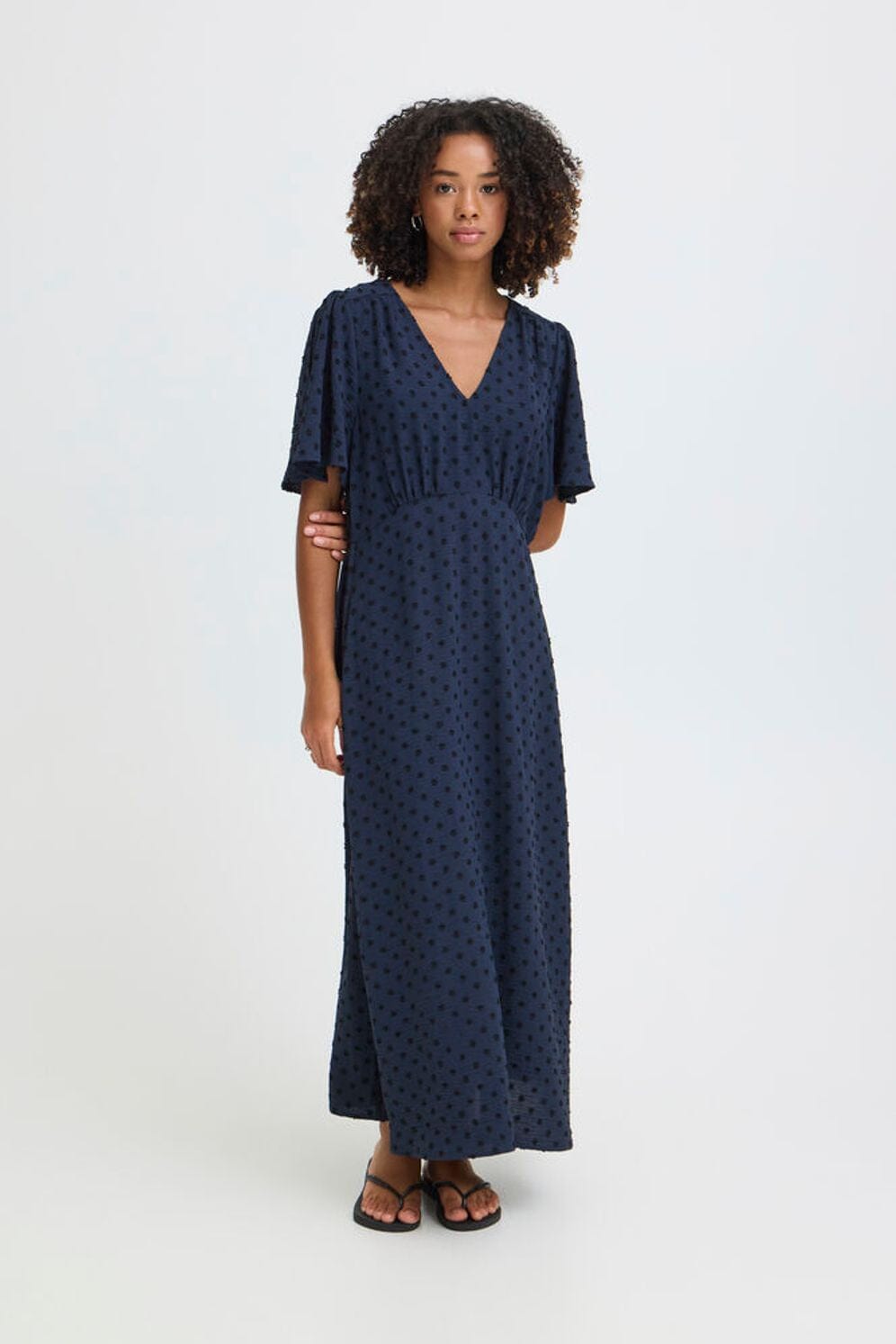 ICHI, navy polka dot midi dress women, navy V neck midi dress women, navy printed midi dress women